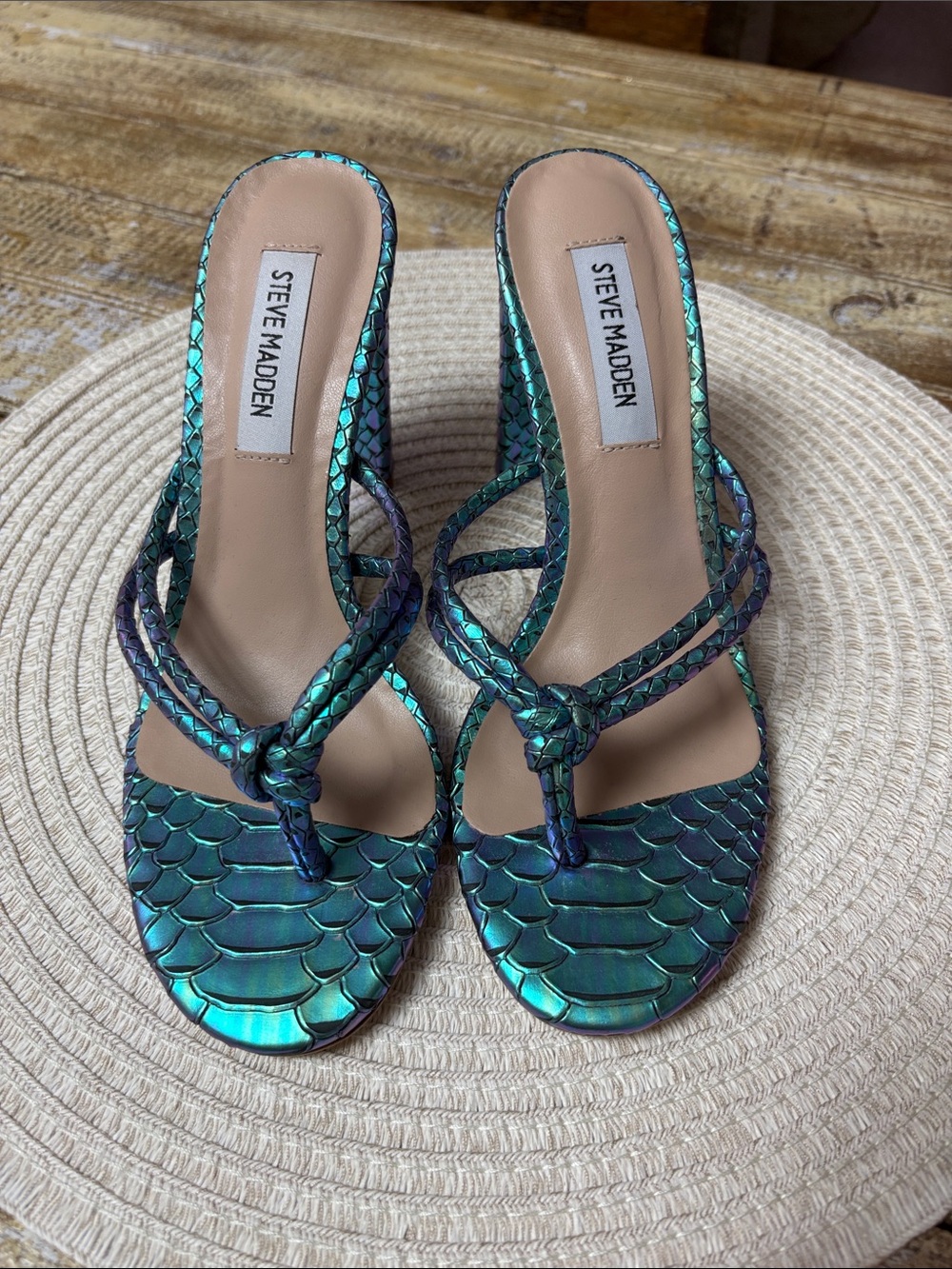 Steve Madden Iridescent Teal Purple Knotted Strappy Heeled Sandals